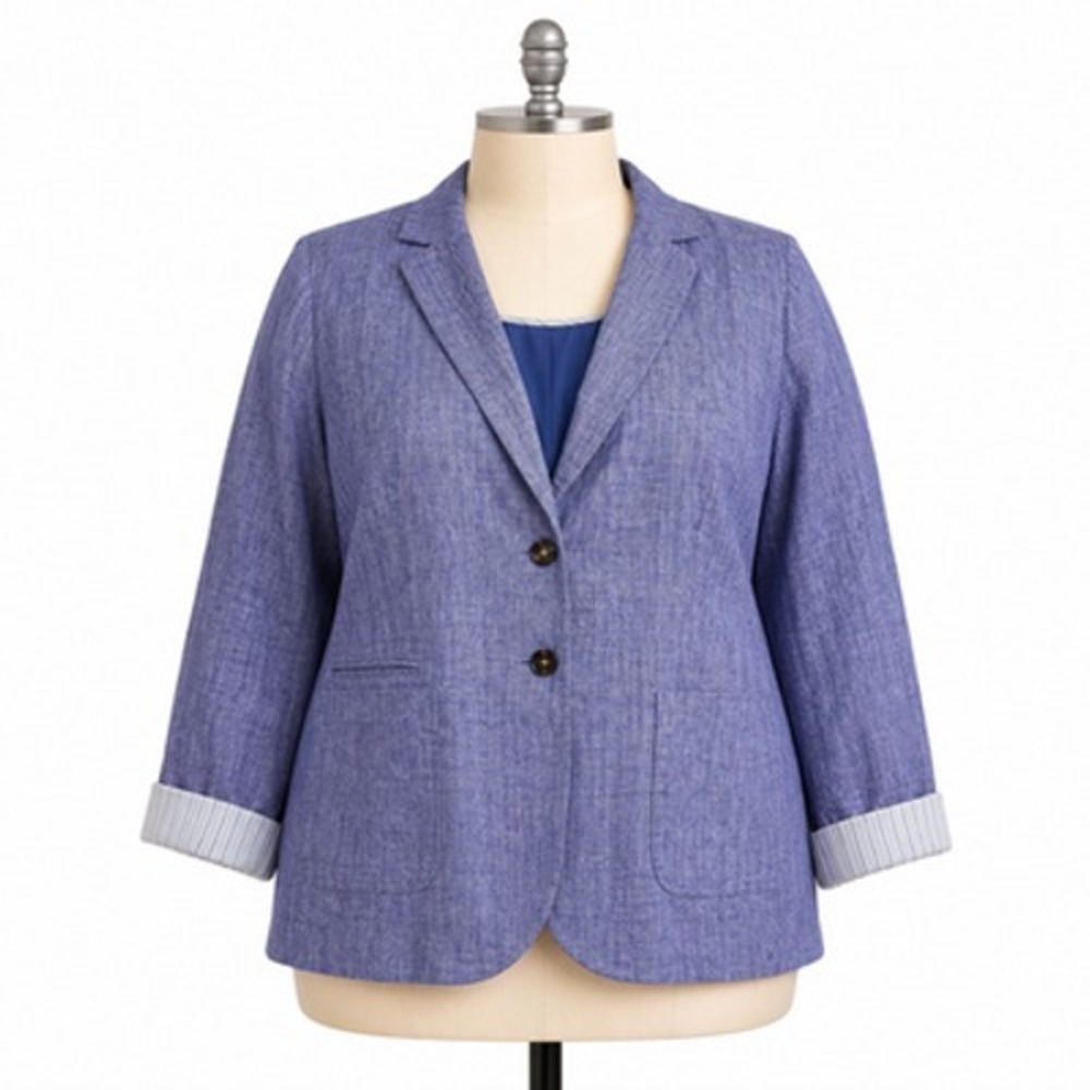 Talbots Blazer Jacket Womens 14 Blue Linen Chambray Button Front Lined Short